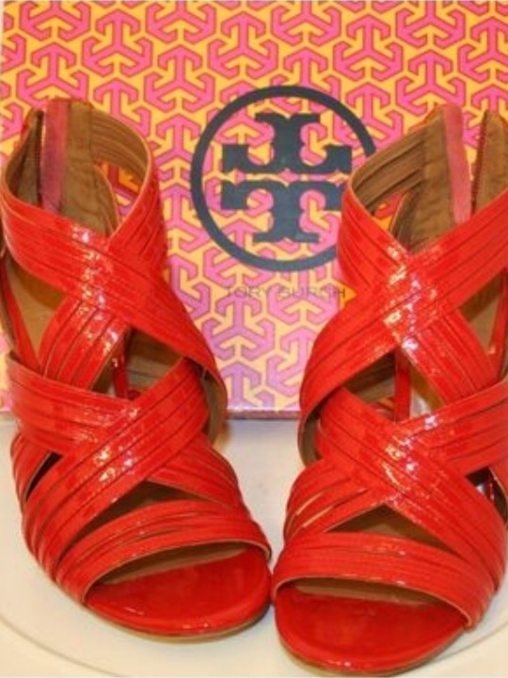 Tory Burch Red Patent Crisscross Open-Toe Heels